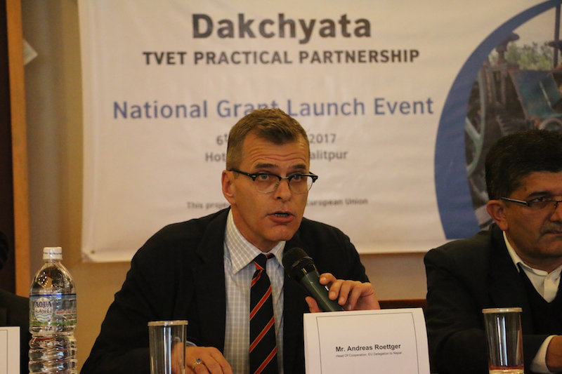 Andreas Roettger, Head of Cooperation, European Union Delegation to Nepal providing his opening remarks at Dakchayta National Grant Launch Event
